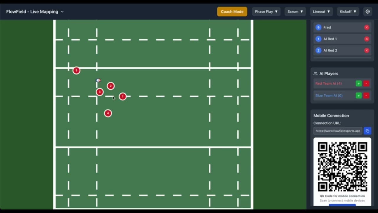 Coach Mode for Live Tactical Mapping demonstration showing yellow toggle and ball control