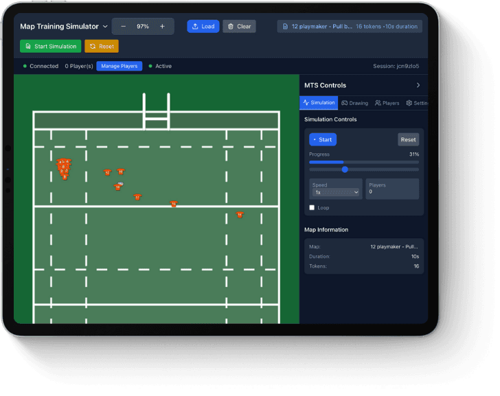 Flowfield Sports Map Training Simulator running on iPad with rugby field and player tokens