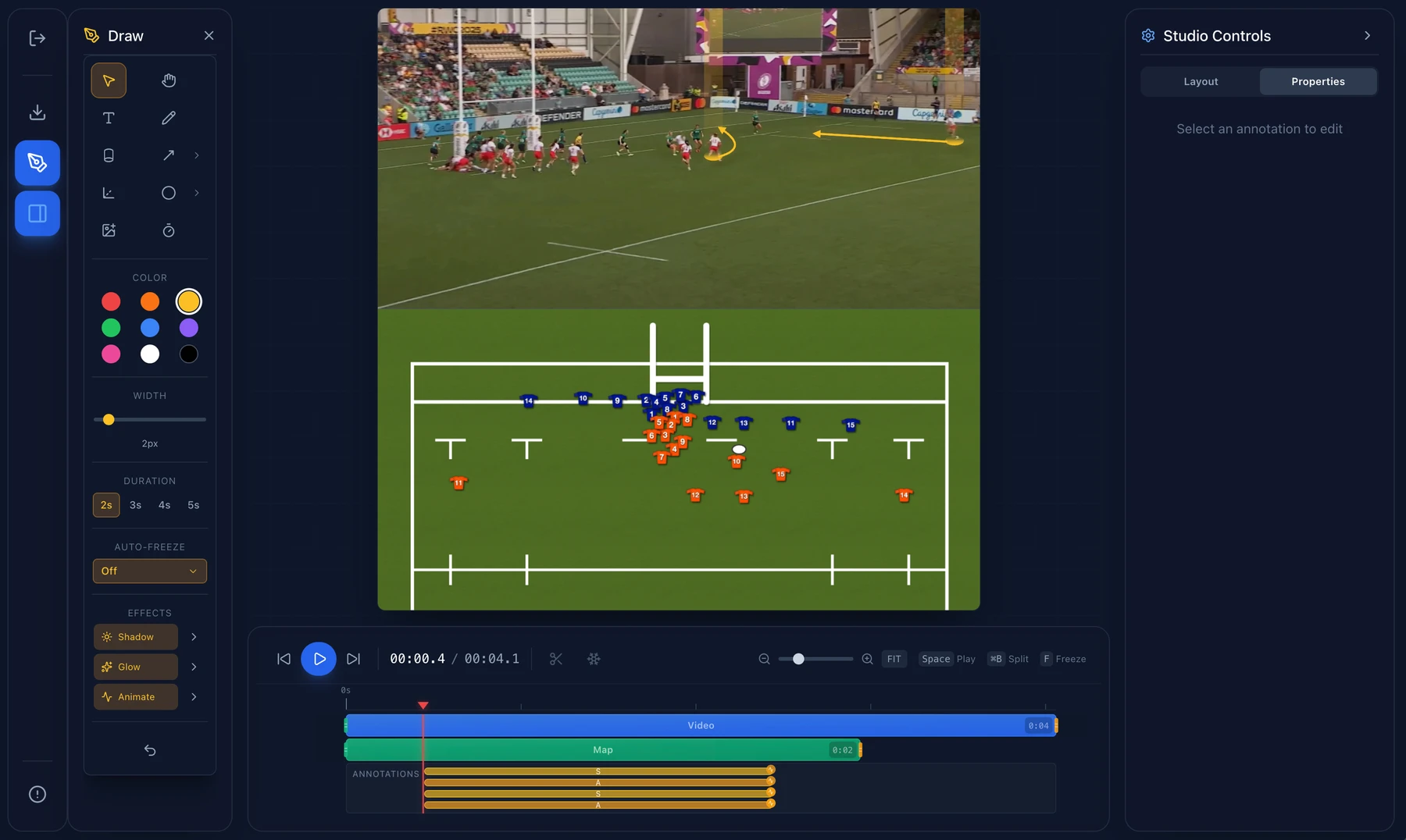 Flowclip Studio with arrows and spotlights on match footage above an animated map