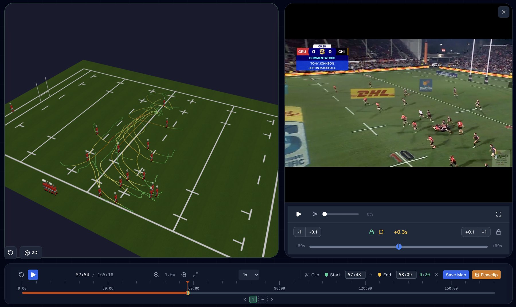 GPS Mapper replaying a match in 3D beside the synced video, with a clip ready to save as a map