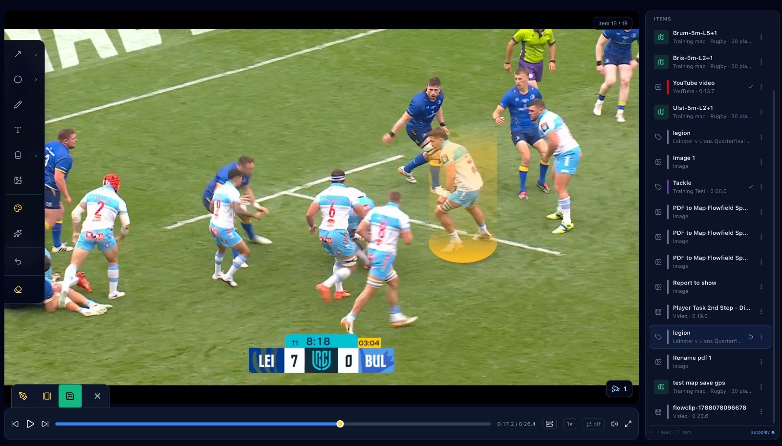 A playlist playing a match clip with a spotlight drawn on a player, beside its list of maps, videos, images and clips